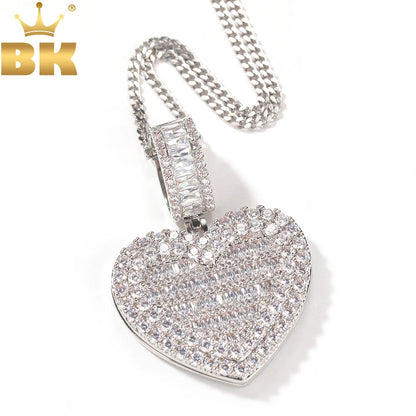 Medallón de fotos personalizado con forma de corazón de gran tamaño de THE BLING KING, colgante con marco, joyería de recuerdo de tenis para pareja, regalo de San Valentín