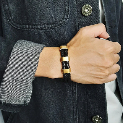 Vnox Personalized Men's Black Plaited Leather Bracelets Free Custom Made with Charm Beads Family Names Inspirational Jewelry