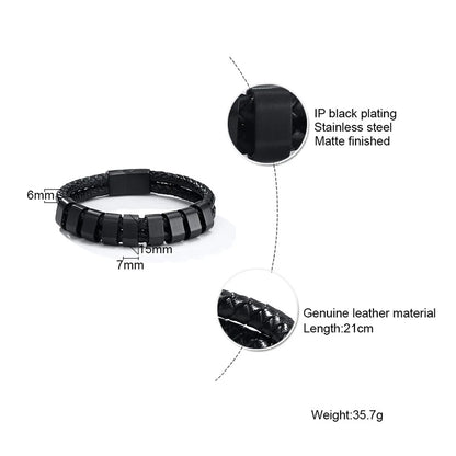 Vnox Personalized Men's Black Plaited Leather Bracelets Free Custom Made with Charm Beads Family Names Inspirational Jewelry