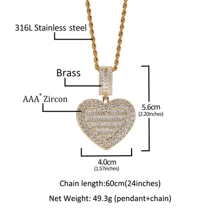 Medallón de fotos personalizado con forma de corazón de gran tamaño de THE BLING KING, colgante con marco, joyería de recuerdo de tenis para pareja, regalo de San Valentín