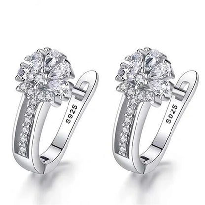 Joyería fina Pendientes de plata de ley 925 con incrustaciones de circonitas y flores de cristal. Joyas con dijes para mujer. Regalo de compromiso.