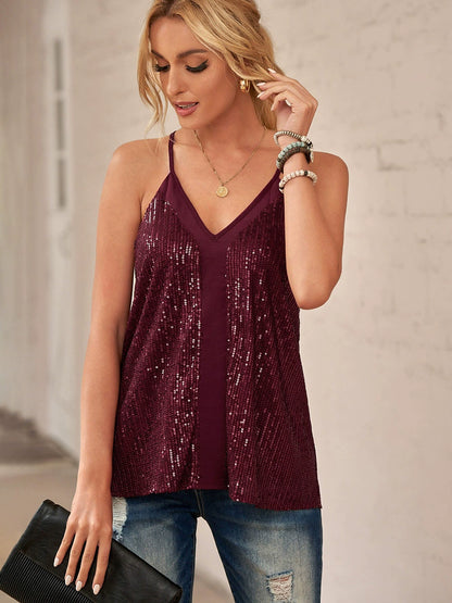 Vestido de moda con tirantes, cuello en V, sin mangas y lentejuelas