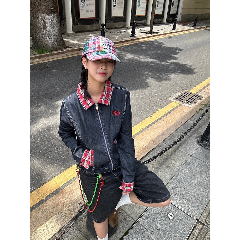 American retro plaid stitching Denim short coat for women Spring and Autumn new small tooling shoulder polo collar jacket