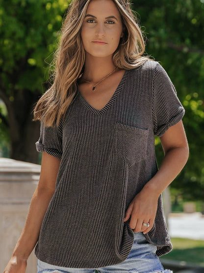 V Neck Pure Color Fashion Wind Minimalist Flab Hiding Ladies Pullover