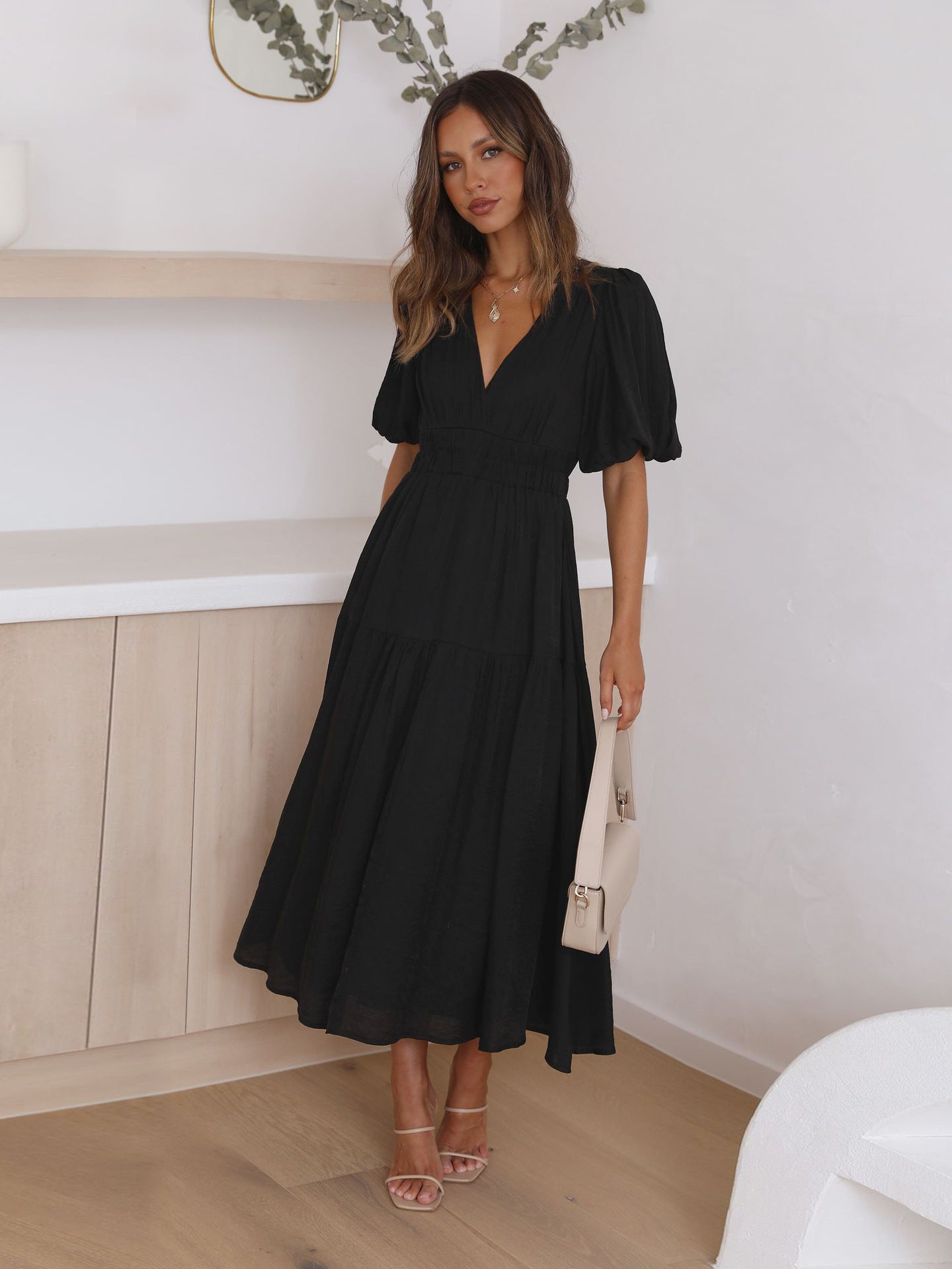 Amazon new dress high-grade long dress ruffled lantern sleeves V-neck holiday beach dress foreign trade women's clothing