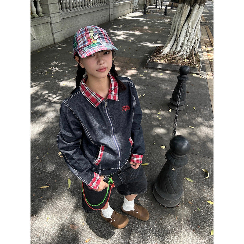 American retro plaid stitching Denim short coat for women Spring and Autumn new small tooling shoulder polo collar jacket