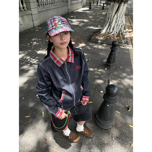 American retro plaid stitching Denim short coat for women Spring and Autumn new small tooling shoulder polo collar jacket