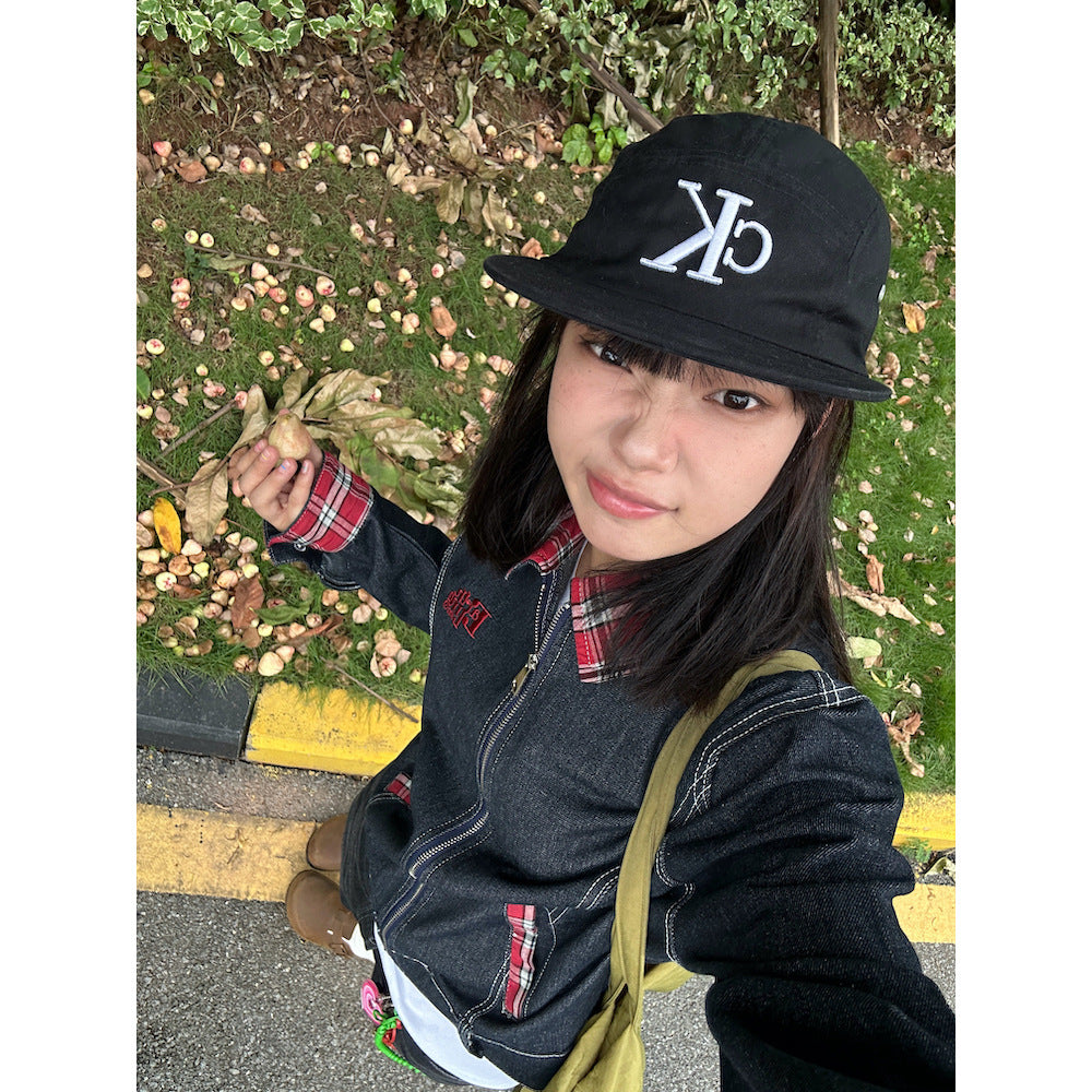 American retro plaid stitching Denim short coat for women Spring and Autumn new small tooling shoulder polo collar jacket