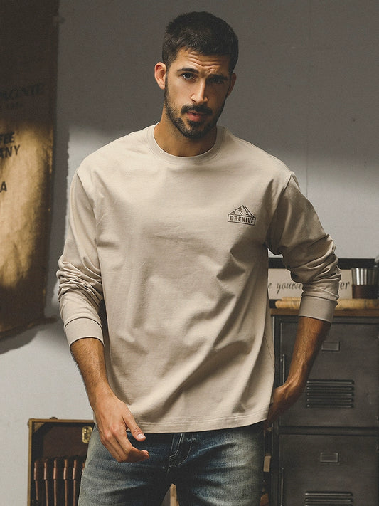 Jereno American-Style 260G Heavy Combed Cotton T-shirt Men's Autumn Mountain Print Loose Trendy All-Match Bottoming Shirt