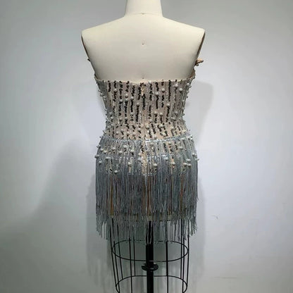New New Summer Tube Top Sequin Bead Fashion Tassel Temperamental Classy Social Party Casual Small Dress Wedding