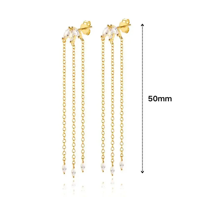Pendientes de aro de plata de ley 925 con forma de aguja y cristales de circonita, con gotas de agua, dorados, joyería de lujo premium para fiestas.