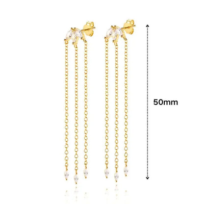 Pendientes de aro de plata de ley 925 con forma de aguja y cristales de circonita, con gotas de agua, dorados, joyería de lujo premium para fiestas.