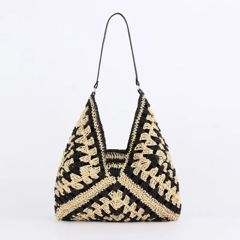 Bolso de paja para mujer, bolso de hombro vintage de gran capacidad para vacaciones, bolso informal de diseñador, bolso de playa de verano con agujeros