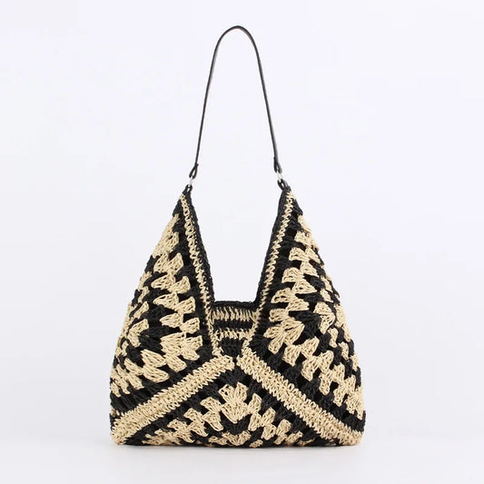 Bolso de paja para mujer, bolso de hombro vintage de gran capacidad para vacaciones, bolso informal de diseñador, bolso de playa de verano con agujeros