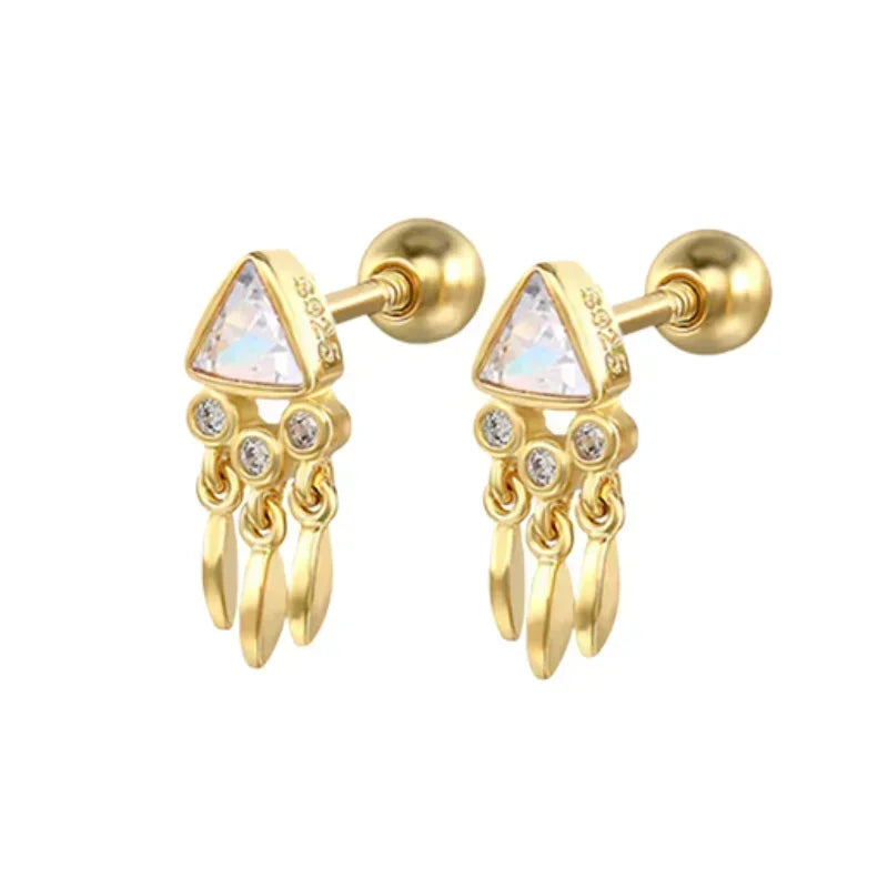 Pendientes de aro de plata de ley 925 con forma de aguja y cristales de circonita, con gotas de agua, dorados, joyería de lujo premium para fiestas.