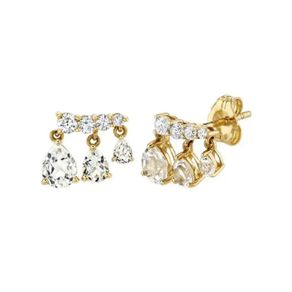 Pendientes de aro de plata de ley 925 con forma de aguja y cristales de circonita, con gotas de agua, dorados, joyería de lujo premium para fiestas.
