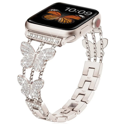 Correa de mariposa para Apple Watch de 49 mm, 41 mm, 45 mm, 40 mm, 44 mm, 38 mm y 42 mm, con diamantes brillantes para Apple Watch Series 9, 8, 7, SE, 6 y 5.