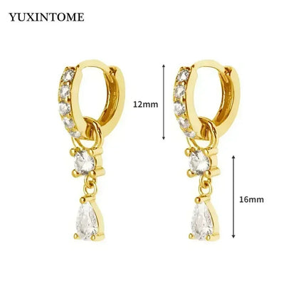Pendientes de aro de plata de ley 925 con forma de aguja y cristales de circonita, con gotas de agua, dorados, joyería de lujo premium para fiestas.
