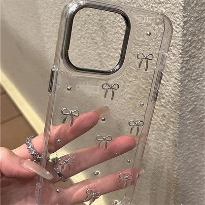Korean Cute Little 3D Metal Bowknot Case For iPhone 16 15 14 13 12 11 Pro Max Plus Epoxy Glitter Shell Ins Girl Clear Soft Shell