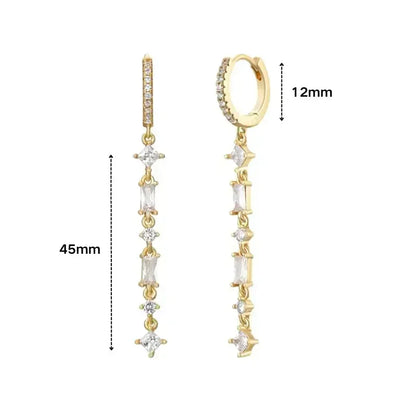 Pendientes de aro de plata de ley 925 con forma de aguja y cristales de circonita, con gotas de agua, dorados, joyería de lujo premium para fiestas.