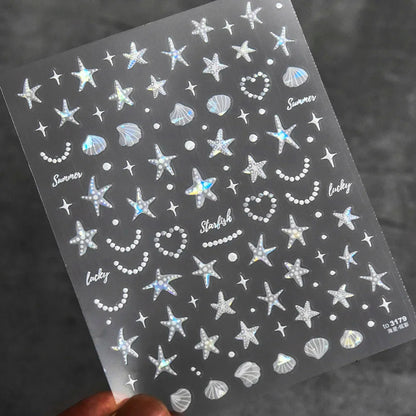 Calcomanías de manicura para decoración de uñas con relieve suave, conchas, estrellas de mar, caracoles, burbujas marinas, verano, playa, océano