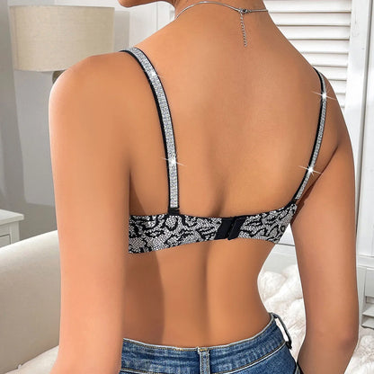 women's plunge balconette no removable padding bra knitting push up brassiere leopard print contrast  sequin underwear