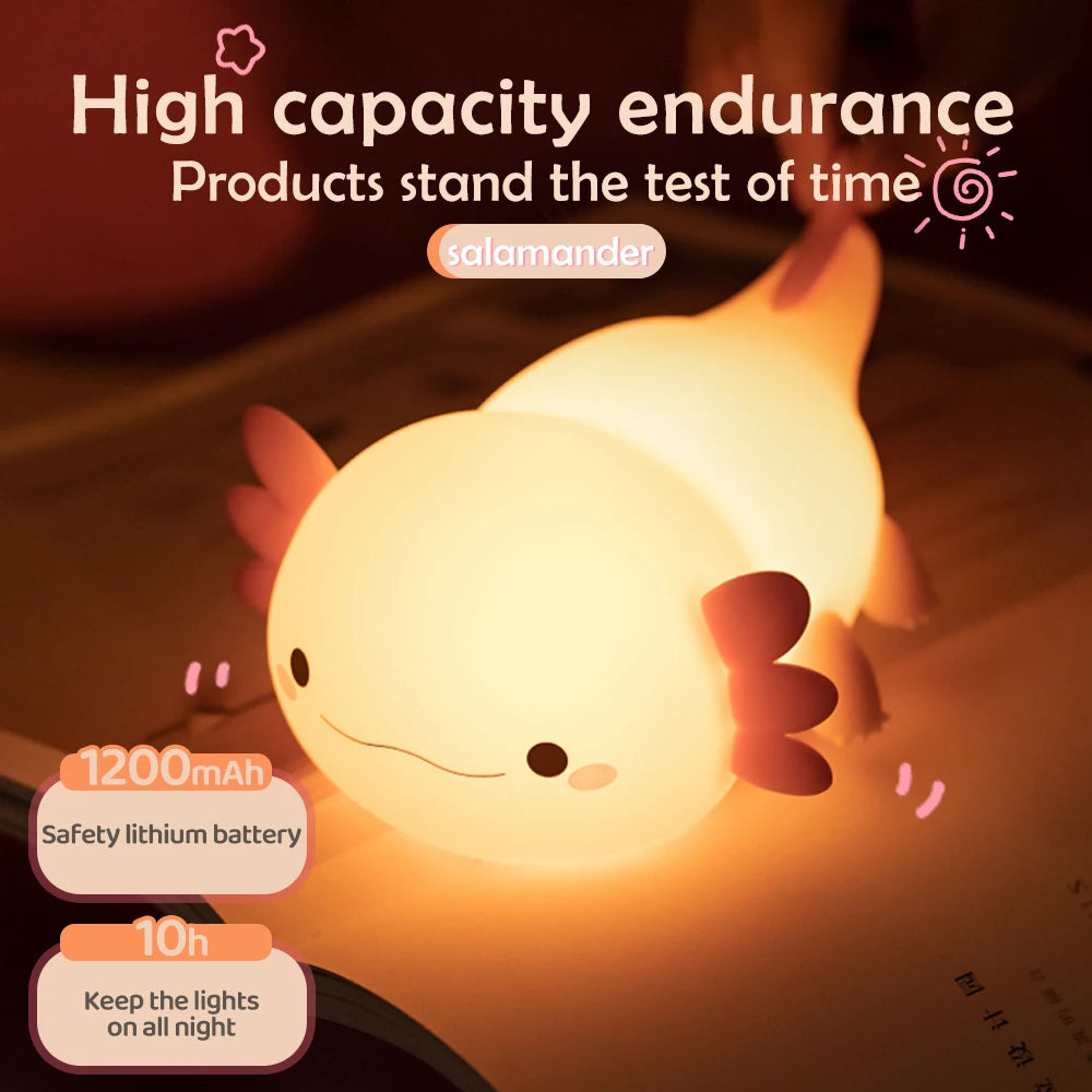 Axolotl Night Light for Kids 2 Brightness Silicone Nursery Sleeping Light Portable USB Rechargeable Bedside Lamp For Baby's Room