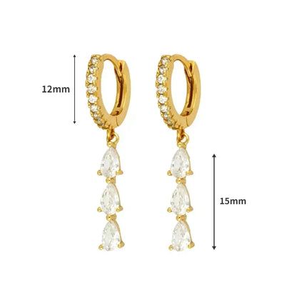 Pendientes de aro de plata de ley 925 con forma de aguja y cristales de circonita, con gotas de agua, dorados, joyería de lujo premium para fiestas.