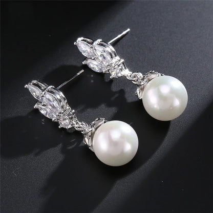 Pendientes colgantes de perla de circonita AAA de color plateado ZAKOL para mujer, pendientes de novia con circonita de hoja brillante, joyería para fiesta de boda