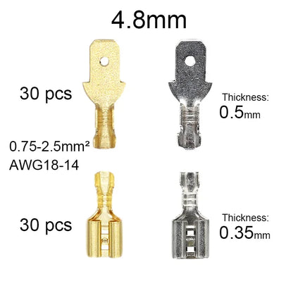 60Pcs Terminal Electrical Connectors 2.8/4.8/6.3mm Butt Splice Lug Terminals for Wire 12awg Crimp Cable Eletrico Car Accessories