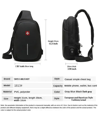 Bolso de pecho informal SWISS para hombre, nuevo, deportivo, impermeable, bandolera antirrobo, moderno, de color sólido, con USB