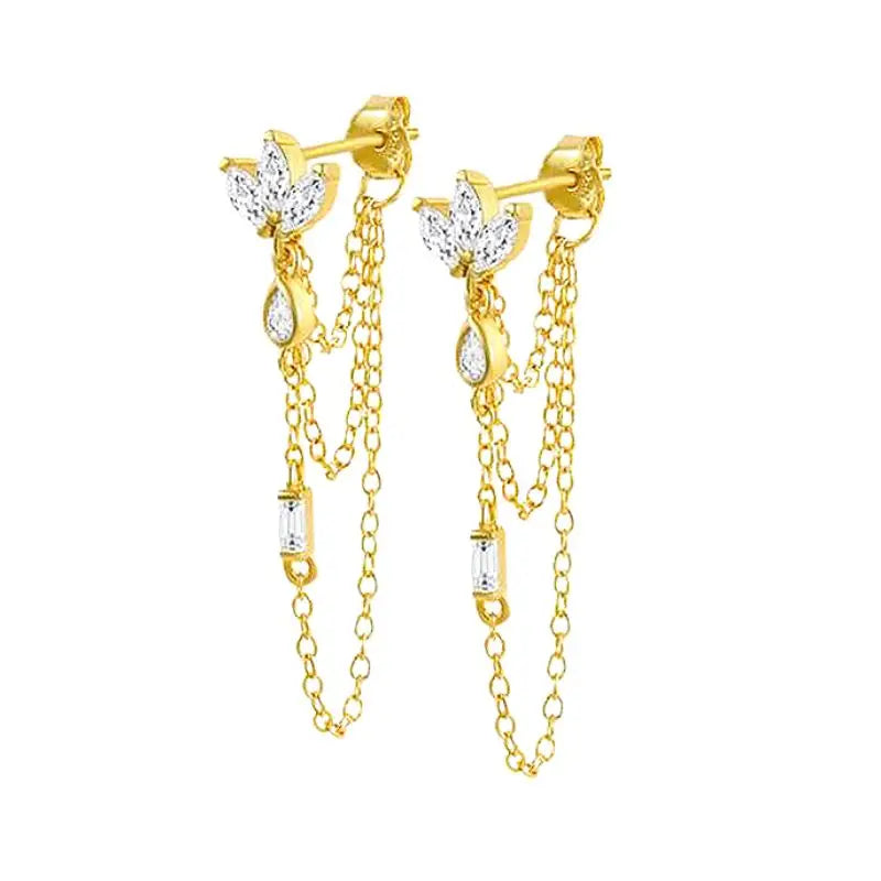 Pendientes de aro de plata de ley 925 con forma de aguja y cristales de circonita, con gotas de agua, dorados, joyería de lujo premium para fiestas.