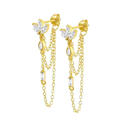 Pendientes de aro de plata de ley 925 con forma de aguja y cristales de circonita, con gotas de agua, dorados, joyería de lujo premium para fiestas.