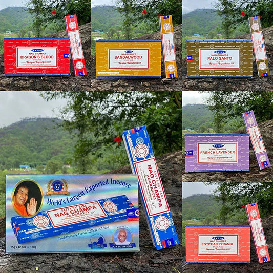 5 CAJAS NAG Champa Incienso Satya Colección de Inciensos Satya Varillas Hechas a Mano con Sabores Aromas Medicinales Refrescantes Fragancias para el Hogar