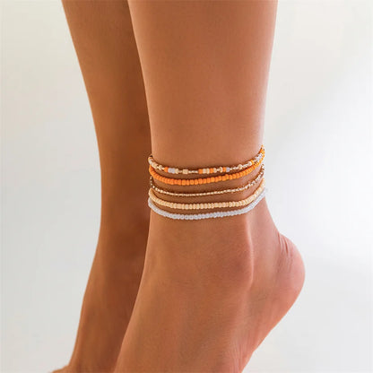 Ingemark - Juego de tobilleras bohemias con cuentas de colores para mujer, pulsera de cadena elástica sencilla para playa, para verano, joyería para tobillo descalzo en la pierna
