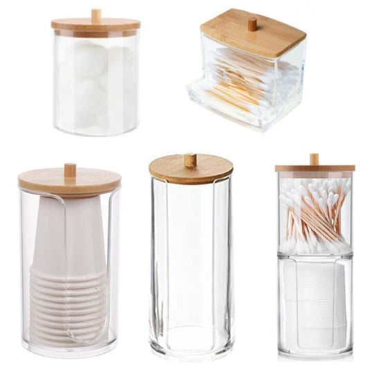Caja de almacenamiento de acrílico, tarro de baño, organizador de maquillaje, soporte redondo para almohadillas de algodón, caja para hisopos de algodón, dispensador de hisopos con tapa de bambú