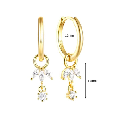 Pendientes de aro de plata de ley 925 con forma de aguja y cristales de circonita, con gotas de agua, dorados, joyería de lujo premium para fiestas.