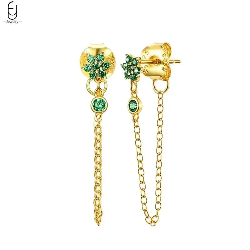 Pendientes de aro con forma de corazón y circonita verde en plata de ley 925 para mujer, delicados pendientes de botón, joyería de lujo, regalos.