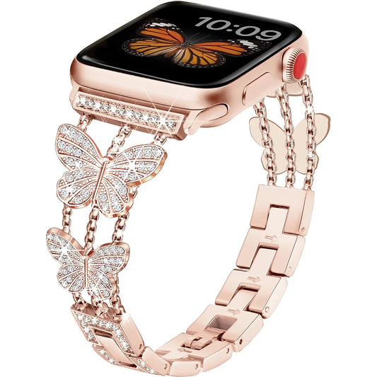 Correa de mariposa para Apple Watch de 49 mm, 41 mm, 45 mm, 40 mm, 44 mm, 38 mm y 42 mm, con diamantes brillantes para Apple Watch Series 9, 8, 7, SE, 6 y 5.