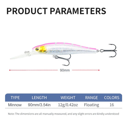 MSEASFREE-Floating Minnow Artificial Hard Bait Fishing Lure, Wobblers for Bass Perch Pike Trout, Fishing Tackle, 90mm, 12g
