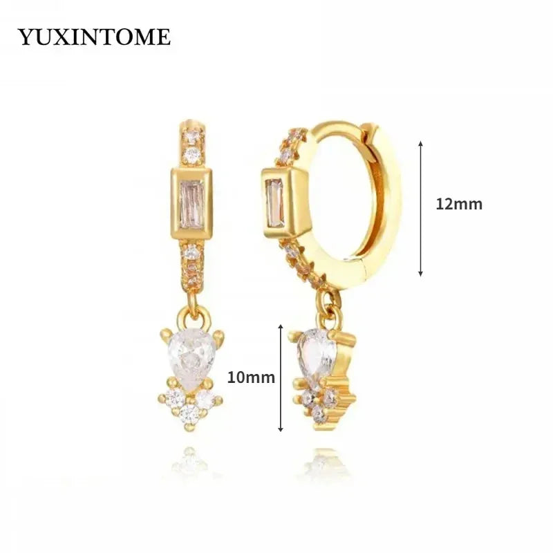 Pendientes de aro de plata de ley 925 con forma de aguja y cristales de circonita, con gotas de agua, dorados, joyería de lujo premium para fiestas.