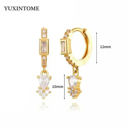Pendientes de aro de plata de ley 925 con forma de aguja y cristales de circonita, con gotas de agua, dorados, joyería de lujo premium para fiestas.