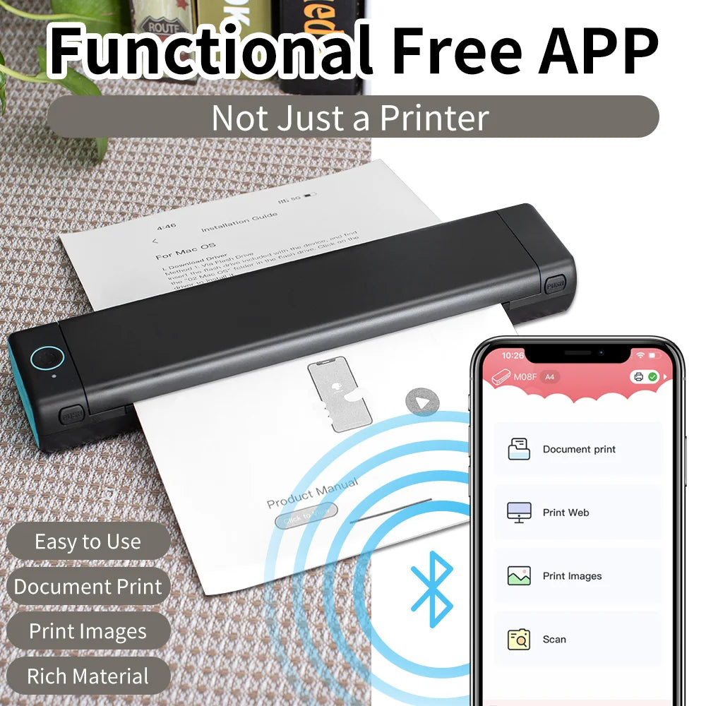 Impresora térmica portátil Phomemo M08F A4, compatible con papel térmico A4 de 8,26" x 11,69", impresora inalámbrica móvil de viaje para coche y oficina.