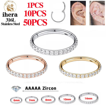50 piezas de acero inoxidable con circonita cúbica y segmento articulado para tabique nasal, aros redondos para piercing de oreja, trago, hélix, joyería