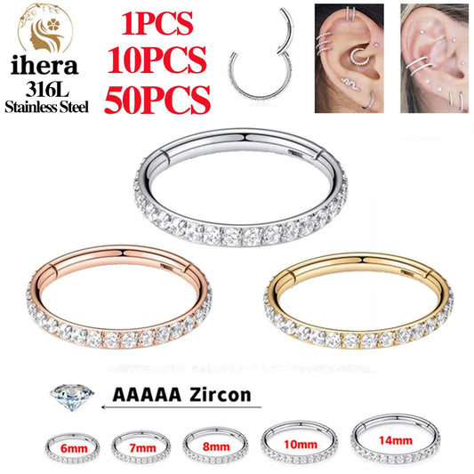 50 piezas de acero inoxidable con circonita cúbica y segmento articulado para tabique nasal, aros redondos para piercing de oreja, trago, hélix, joyería