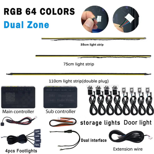 Dual Zone 18/22 in 1 Ambient Light Parts 64 Colors RGB Main Controller Sub Controller Speaker Lights 35/75/110cm Light Strips