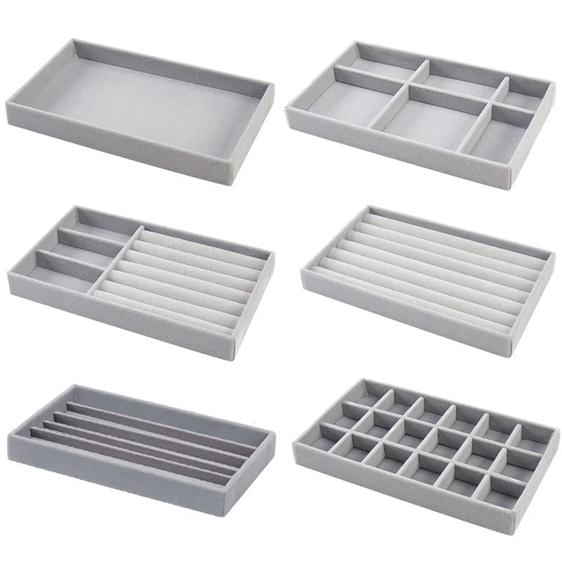 Caja de almacenamiento de joyas de franela gris, cajón para el hogar, bandeja para pendientes, collares, anillos, cuerda para la cabeza, clip para las orejas, bandeja de almacenamiento, nueva