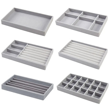 Caja de almacenamiento de joyas de franela gris, cajón para el hogar, bandeja para pendientes, collares, anillos, cuerda para la cabeza, clip para las orejas, bandeja de almacenamiento, nueva