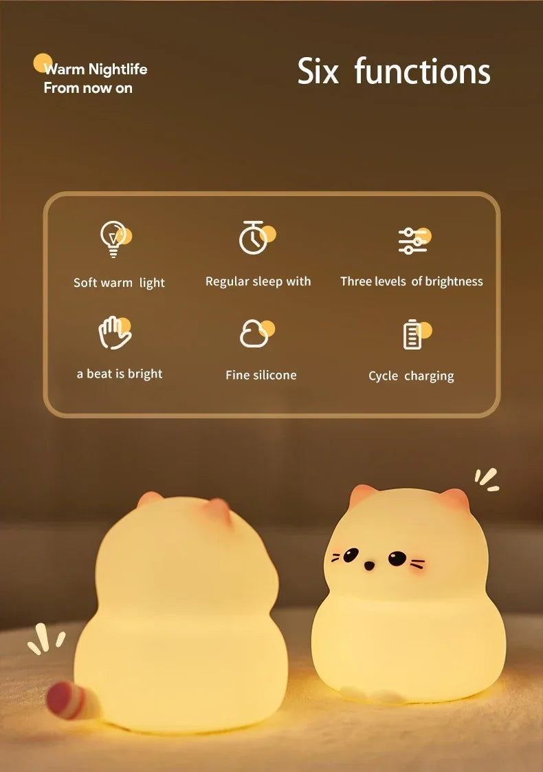 Cute Animal-shape Silicone Night Light Rechargeable Bedside Patting Nightlights For Child Holiday Gift Bedroom Decor Lighting