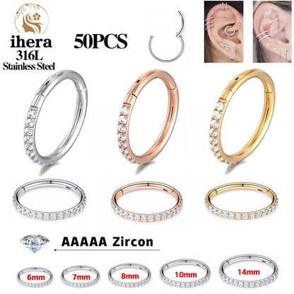 50 piezas de acero inoxidable con circonita cúbica y segmento articulado para tabique nasal, aros redondos para piercing de oreja, trago, hélix, joyería